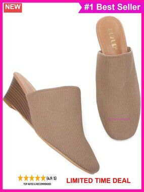Womens Knitted Wedge Heel Mules Square Toe Slip On Dressy Casual Shoes